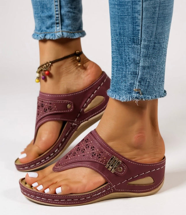 Burgundy maroon thong sandal with cushioned footbed and perforated upper