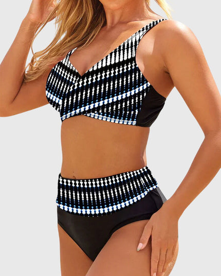 Blue and white striped crossover wrap bikini top with control support