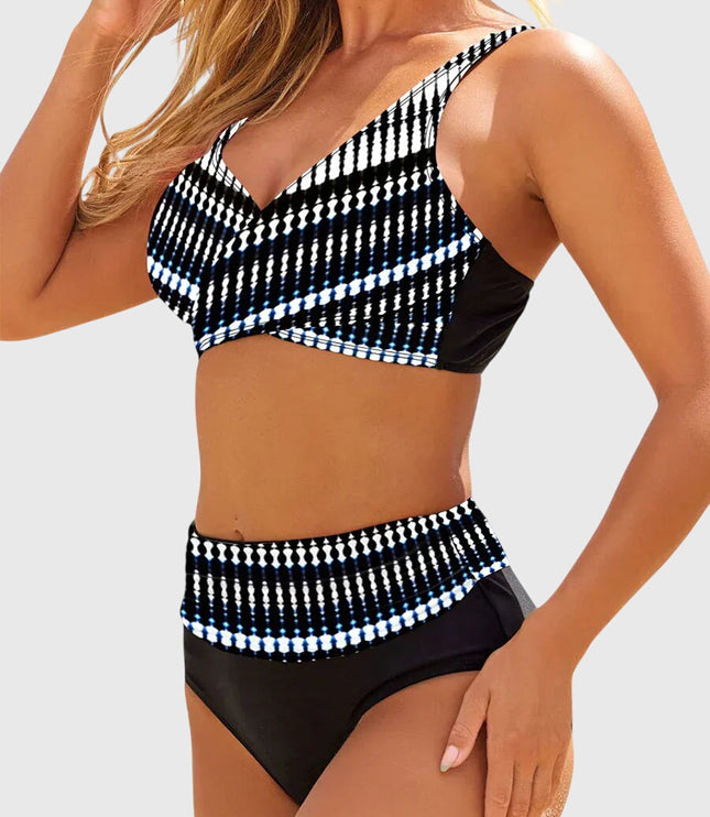 Blue and white striped crossover wrap bikini top with control support