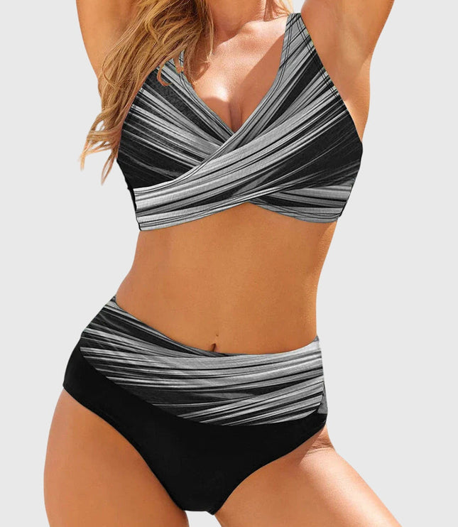 Gray striped crossover wrap bikini top with black control bottom