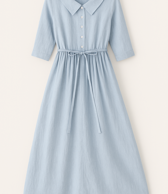 Front view of light blue midi dress with button front and tie waist detail