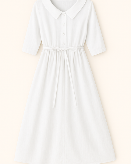 White cotton collared midi dress with three-quarter sleeves and tie waist