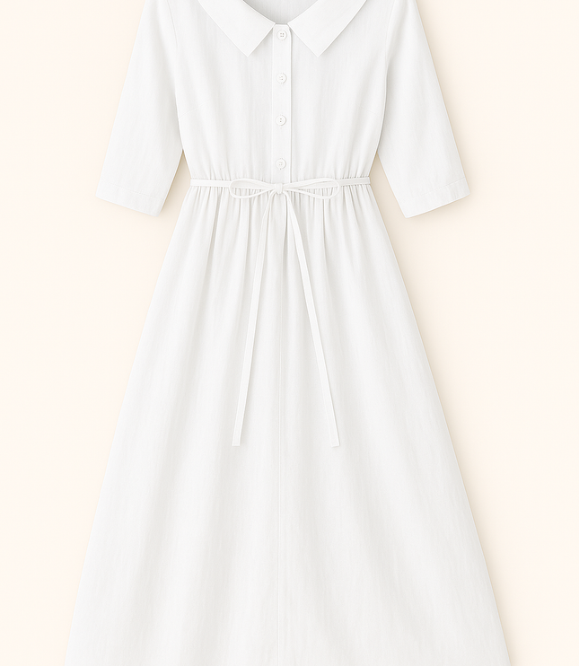 White cotton collared midi dress with three-quarter sleeves and tie waist