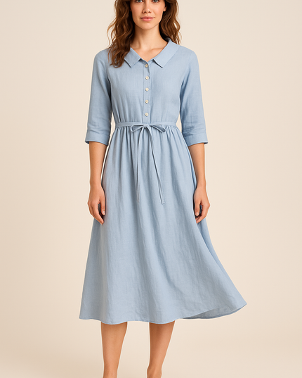 Light blue cotton collared midi dress with three-quarter sleeves and tie waist