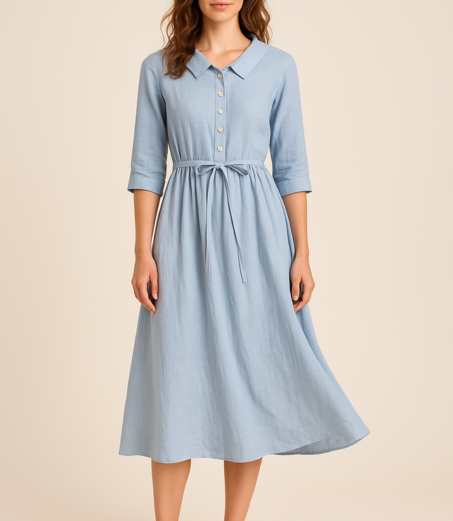 Light blue cotton collared midi dress with three-quarter sleeves and tie waist