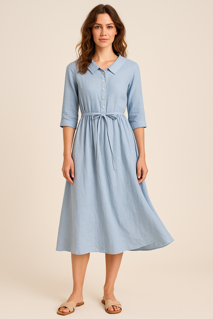 Light blue cotton collared midi dress with three-quarter sleeves and tie waist