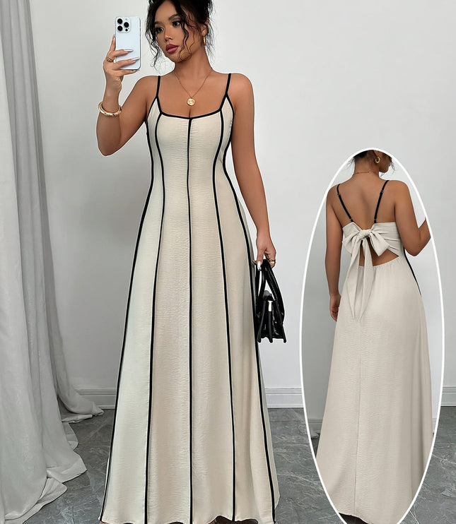 Vestido maxi crema de satén con escote en V para invitada de boda mujer
