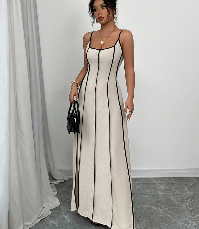 Vestido maxi crema de satén con escote en V para invitada de boda mujer