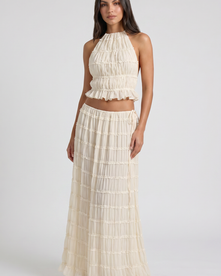 Conjunto de dos piezas crema de verano con falda maxi para mujer