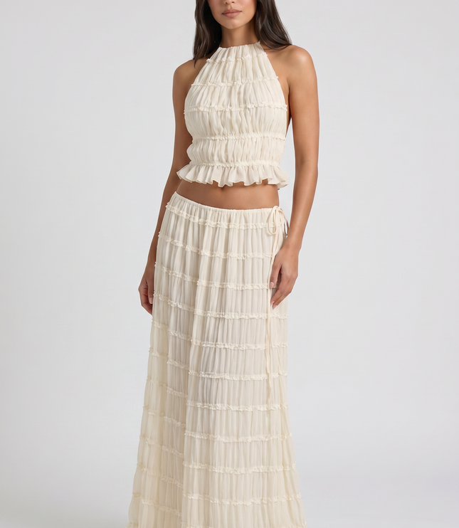 Conjunto de dos piezas crema de verano con falda maxi para mujer