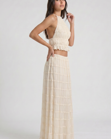 Conjunto de dos piezas crema de verano con falda maxi para mujer