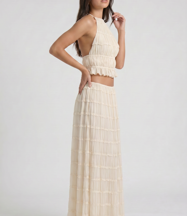 Conjunto de dos piezas crema de verano con falda maxi para mujer