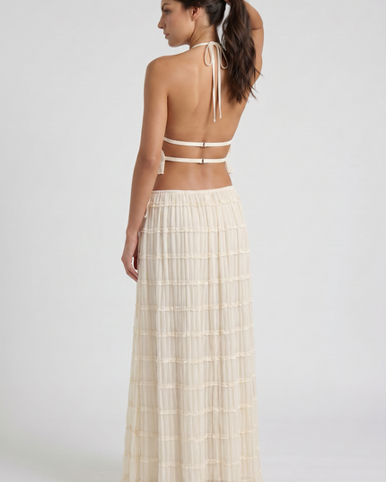Conjunto de dos piezas crema de verano con falda maxi para mujer