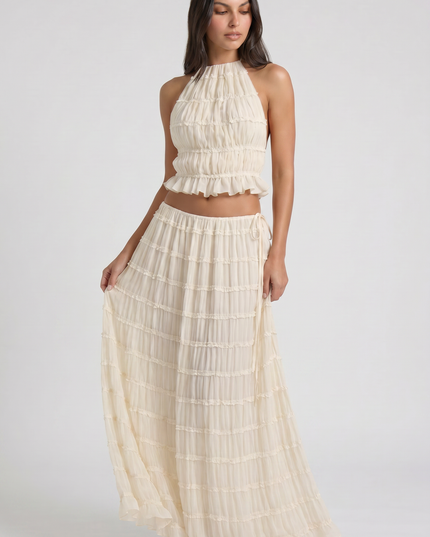 Conjunto de dos piezas crema de verano con falda maxi para mujer