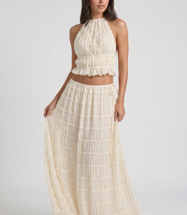 Conjunto de dos piezas crema de verano con falda maxi para mujer