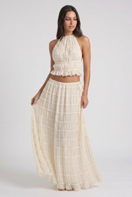 Conjunto de dos piezas crema de verano con falda maxi para mujer