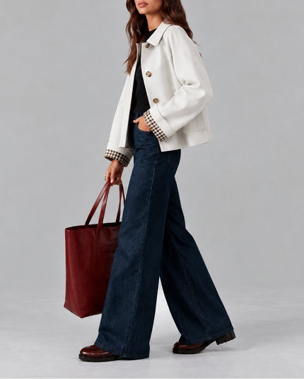 Women's Cropped Button Jacket with Check Lined Cuffs