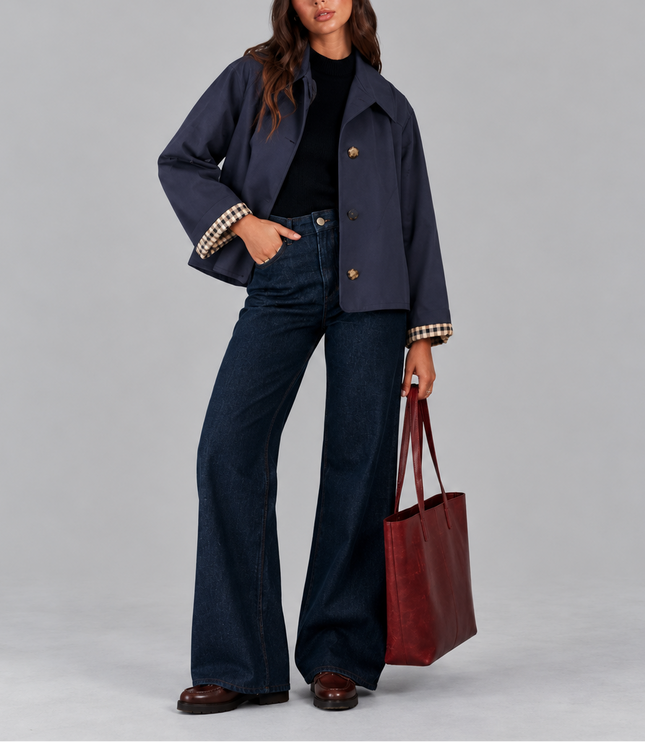 Women's Cropped Button Jacket with Check Lined Cuffs