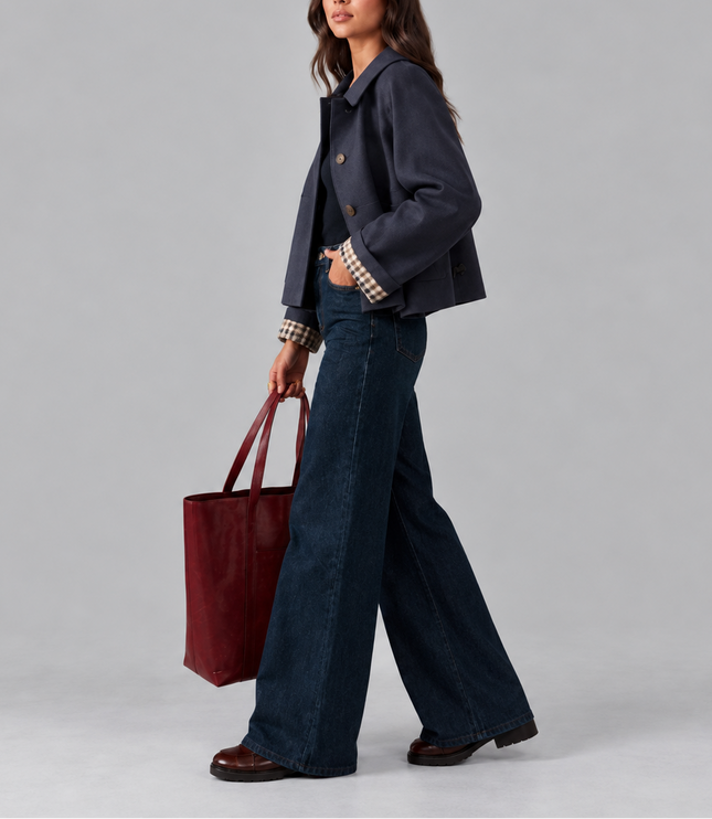 Women's Cropped Button Jacket with Check Lined Cuffs