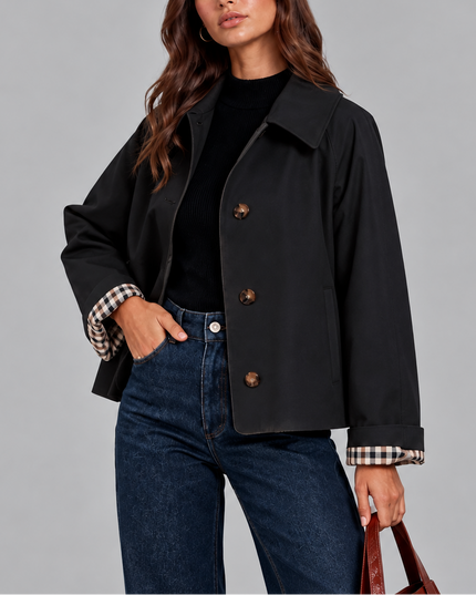 Women's Cropped Button Jacket with Check Lined Cuffs