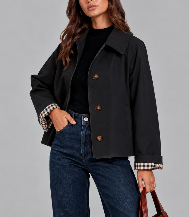Women's Cropped Button Jacket with Check Lined Cuffs