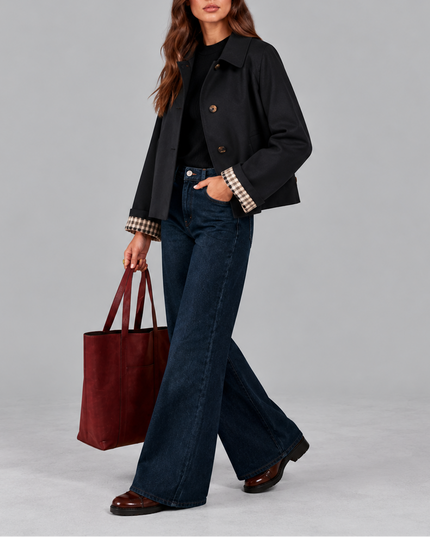 Women's Cropped Button Jacket with Check Lined Cuffs