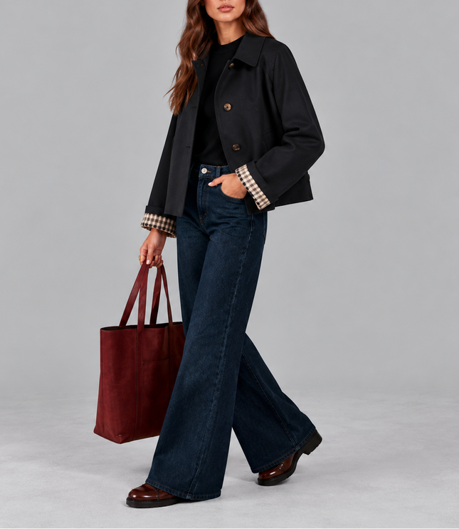 Women's Cropped Button Jacket with Check Lined Cuffs