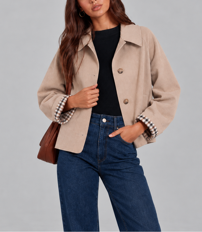 Women's Cropped Button Jacket with Check Lined Cuffs
