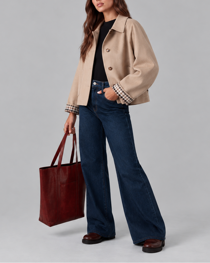 Women's Cropped Button Jacket with Check Lined Cuffs