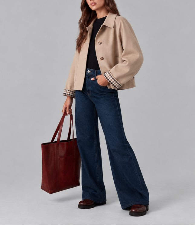 Women's Cropped Button Jacket with Check Lined Cuffs