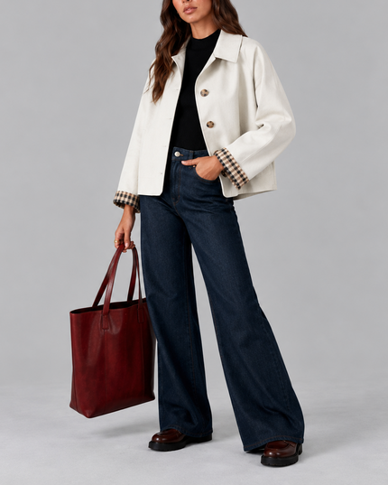 Women's Cropped Button Jacket with Check Lined Cuffs