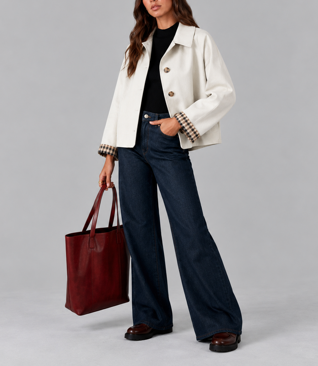 Women's Cropped Button Jacket with Check Lined Cuffs