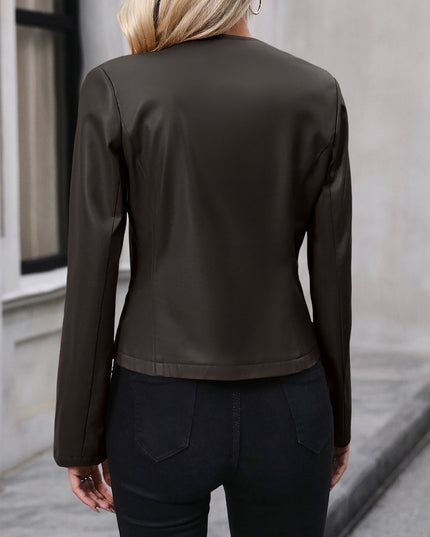 Cropped Leather Jacket with Round Neck and Silver Zip