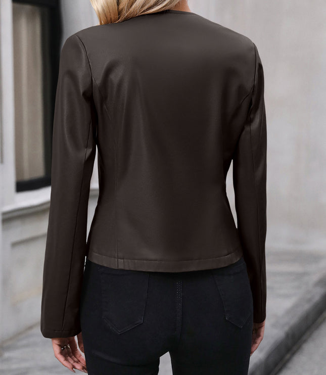 Cropped Leather Jacket with Round Neck and Silver Zip