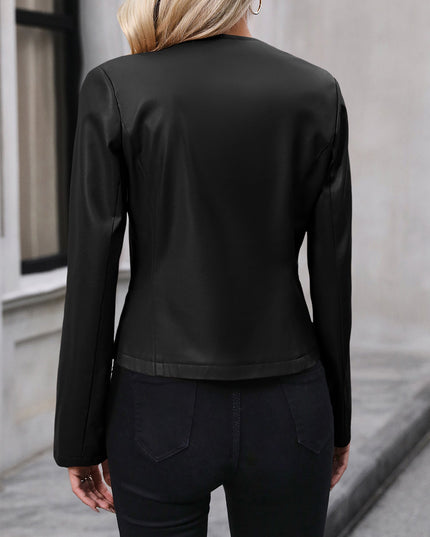 Cropped Leather Jacket with Round Neck and Silver Zip