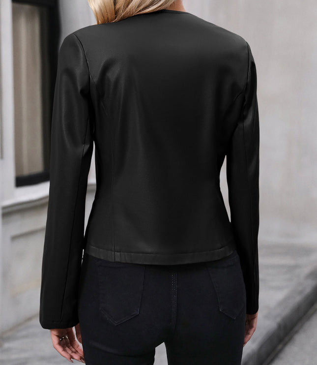 Cropped Leather Jacket with Round Neck and Silver Zip