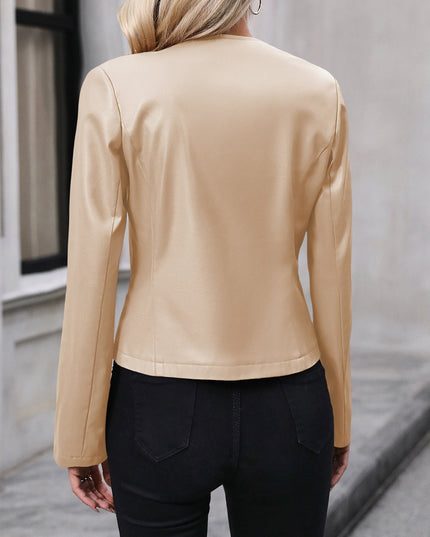 Cropped Leather Jacket with Round Neck and Silver Zip