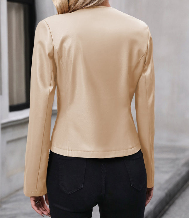 Cropped Leather Jacket with Round Neck and Silver Zip