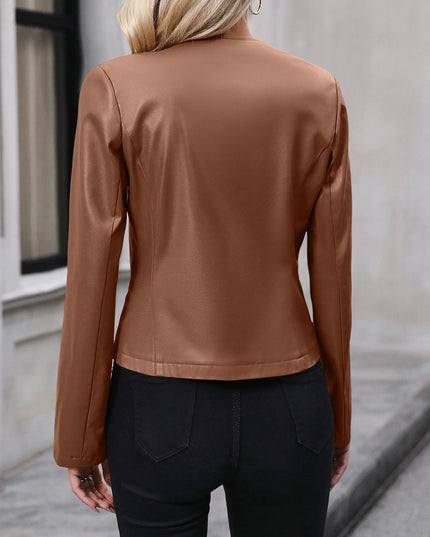 Cropped Leather Jacket with Round Neck and Silver Zip
