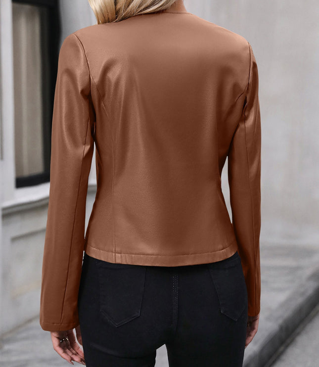 Cropped Leather Jacket with Round Neck and Silver Zip