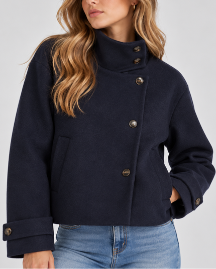 Women's Cropped Jacket with High Neck and Asymmetric Buttons