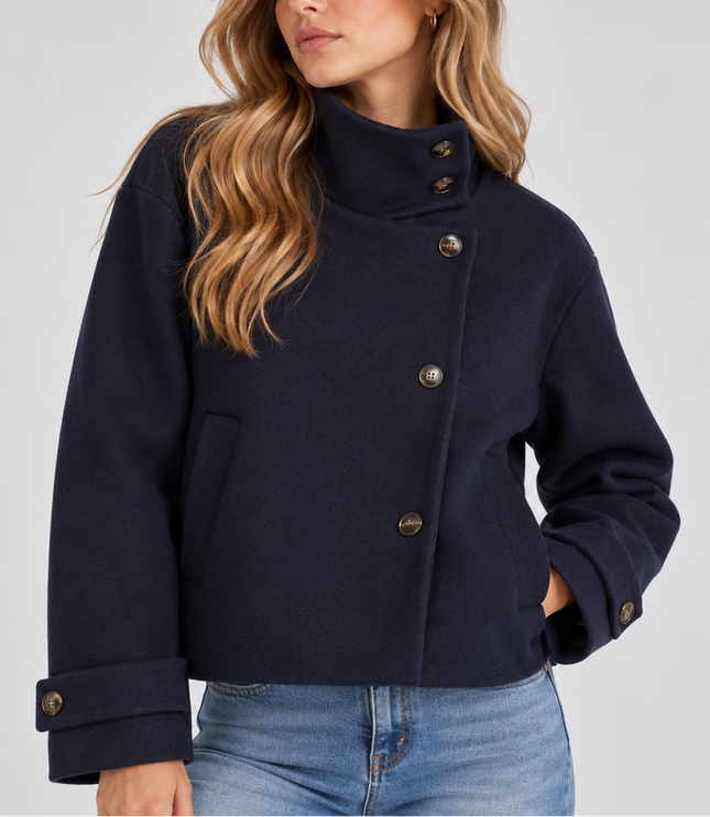 Women's Cropped Jacket with High Neck and Asymmetric Buttons