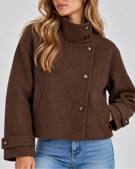 Women's Cropped Jacket with High Neck and Asymmetric Buttons