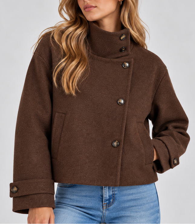 Women's Cropped Jacket with High Neck and Asymmetric Buttons