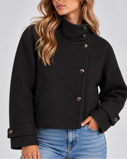 Women's Cropped Jacket with High Neck and Asymmetric Buttons