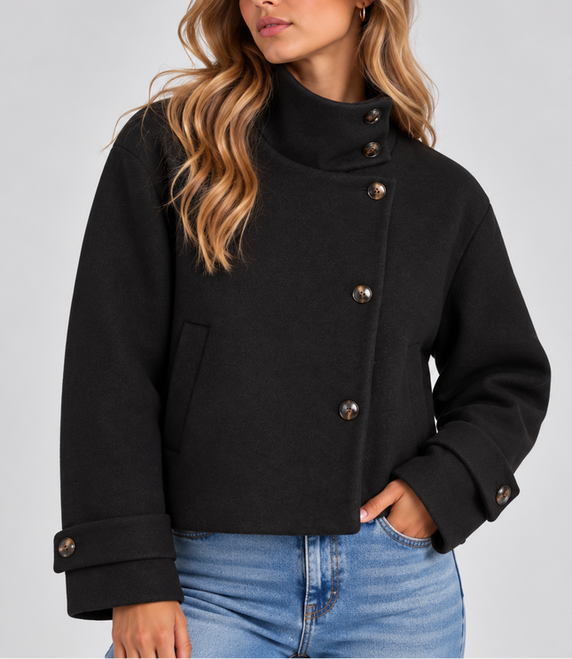 Women's Cropped Jacket with High Neck and Asymmetric Buttons