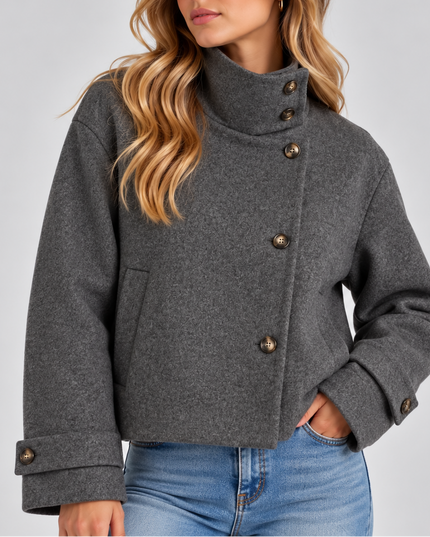 Women's Cropped Jacket with High Neck and Asymmetric Buttons