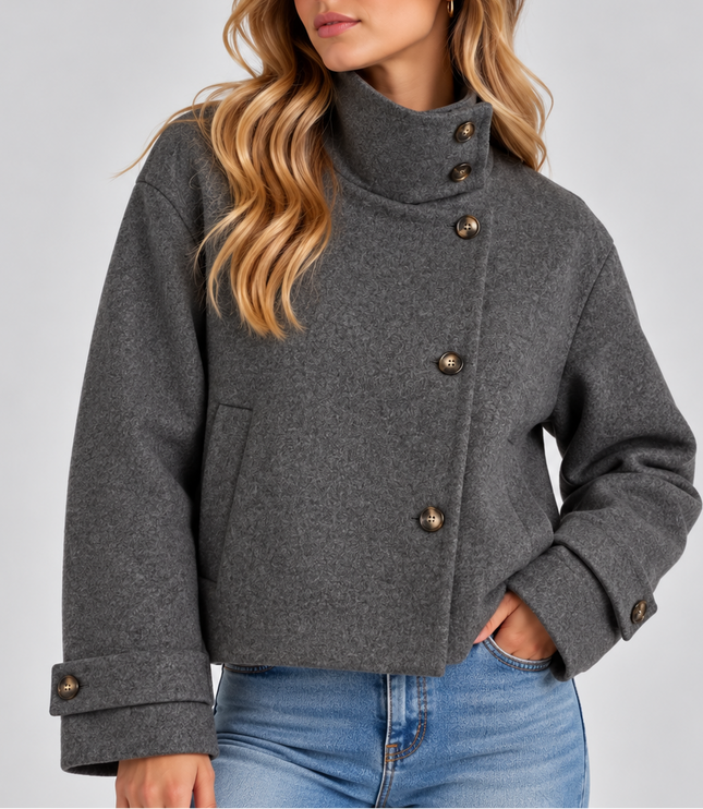Women's Cropped Jacket with High Neck and Asymmetric Buttons