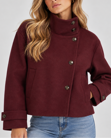 Women's Cropped Jacket with High Neck and Asymmetric Buttons