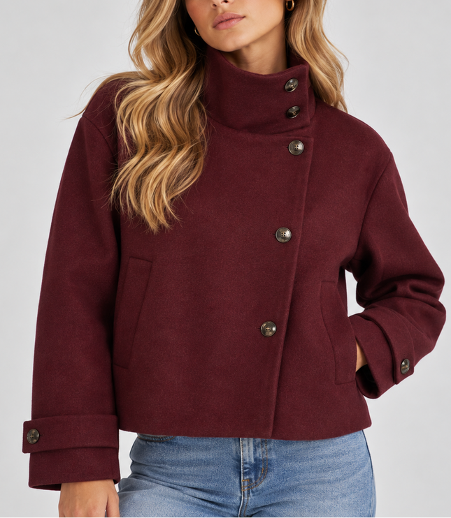 Women's Cropped Jacket with High Neck and Asymmetric Buttons